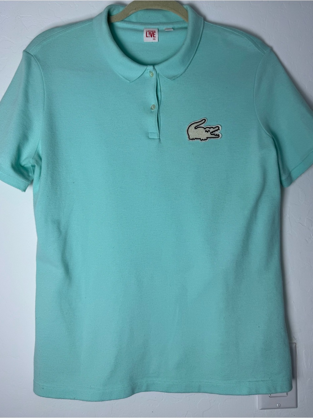 Limited Edition Lacoste LIVE Aqua Blue Polo Shirt Pearl Beaded Croc Logo XL Rare